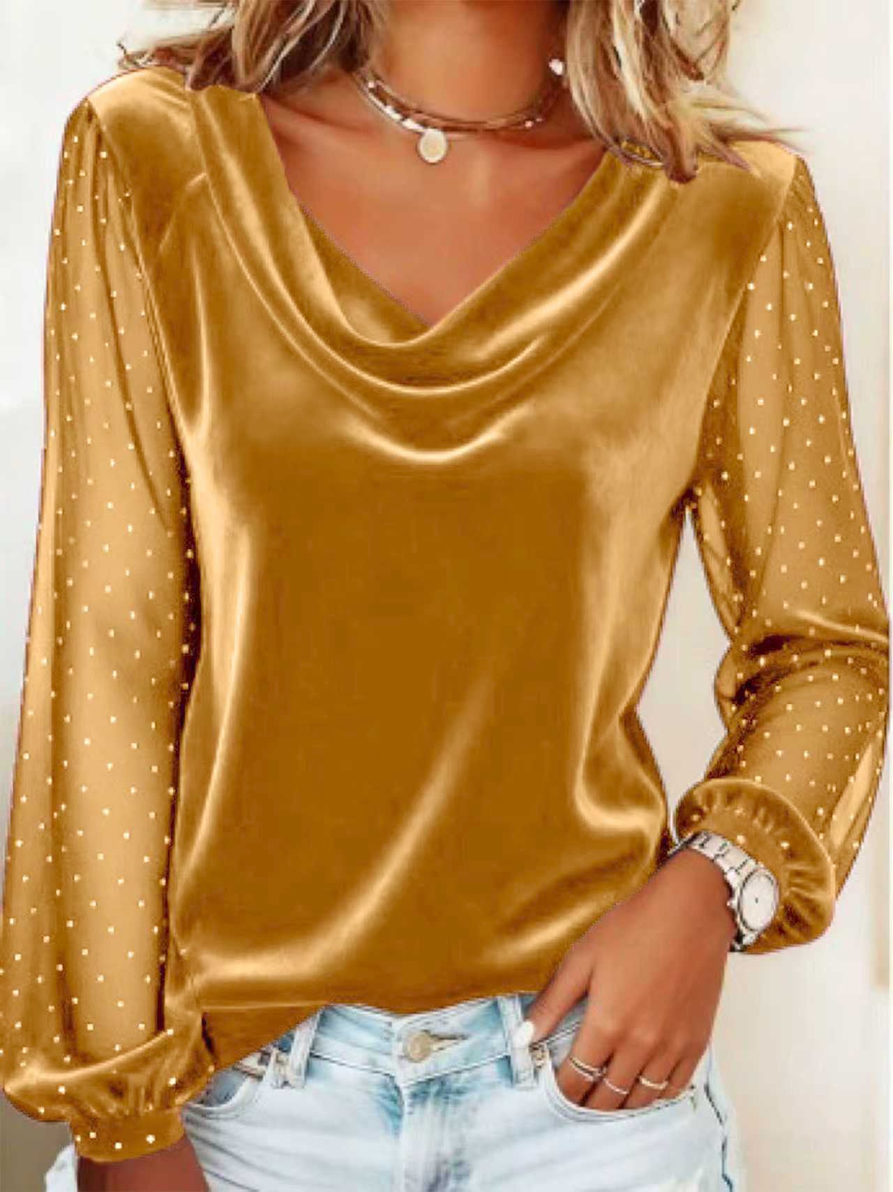 Women's Long Sleeve V-neck Velvet T-Shirt Women Elegant Diamond Mesh Sleeve Loose Tee Tops Christmas Clothes Women Shirt Red