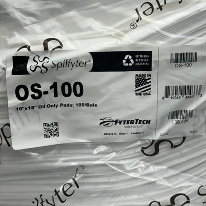 SPILFYTER OS-100 16”x18” Oil Only Absorbent Pads Pack of 100 White