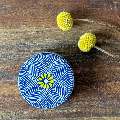 Soapstone Blue Round Container with Yellow Flower Accent