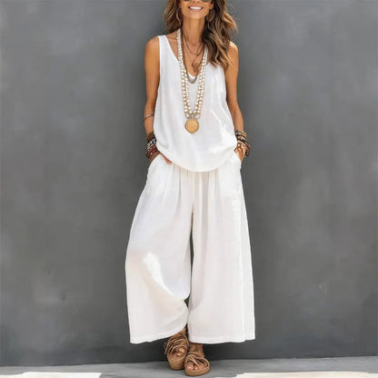 Womens Solid-Colored Casual Sleeveless Tank Top And Wide-Leg Pants Cotton-Linen Set