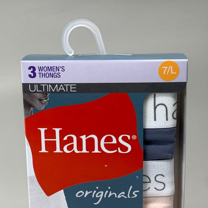 HANES 3 PACK!! Originals Women's Breathable Cotton Stretch Thongs Underwear Sz 7/L Blue/Buff/Pink 45OUBT