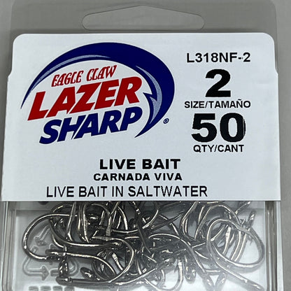 EAGLE CLAW Lazer Sharp Live Bait in Saltwater Fishing Hook #2 50pc L318NF-2