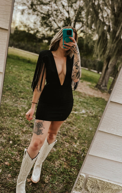 Dallas' Fringe Deep Neck Mini Dress