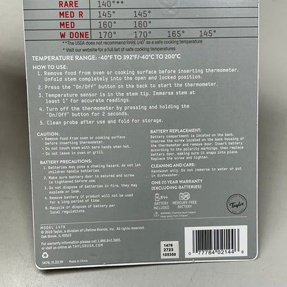 TAYLOR Compact Folding Thermometer Fahrenheit/Celsius Black (New)
