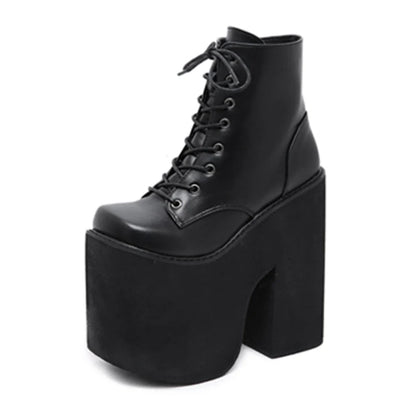 Gdgydh Women's Y2K Style Short Boots Square Closed Toe Lace Up Platform Boots High Chunky Heels Fashion Solid Color Shoes