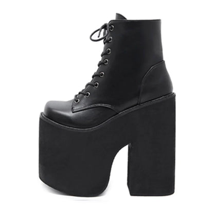 Gdgydh Women's Y2K Style Short Boots Square Closed Toe Lace Up Platform Boots High Chunky Heels Fashion Solid Color Shoes