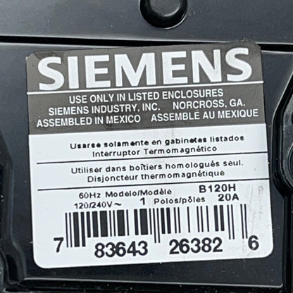 SIEMENS (2 PACK) 20 Amp 2kA Circuit Breaker Bolt-On 1 Pole 120 Volt B120H