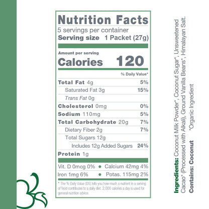 Instant Dairy Free Coconut Hot Cocoa Mix  | Single Serving 5 Pack |Gluten Free, Vegan and Organic
