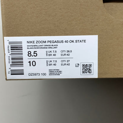 NIKE Zoom Pegasus 40 OK STATE White Shoes, Brilliant Orange & Black 10 W 8.5 M DZ5973-100