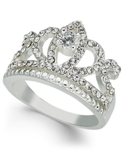 Charter Club Fine Silver Plate Crystal Crown Ring, Size 6