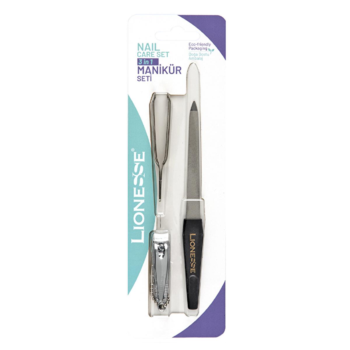 Lionesse Nail Care Set - 3 Piece Manicure Pedicure Kit with Cuticle Remover, Tweezers & Nail Clippers