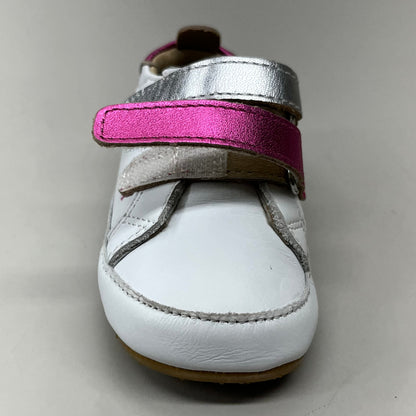 OLD SOLES Baby 2 Straps Leather Shoe Sz 5 EU 21 Snow/Fuchsia Foil/Silver #0060R