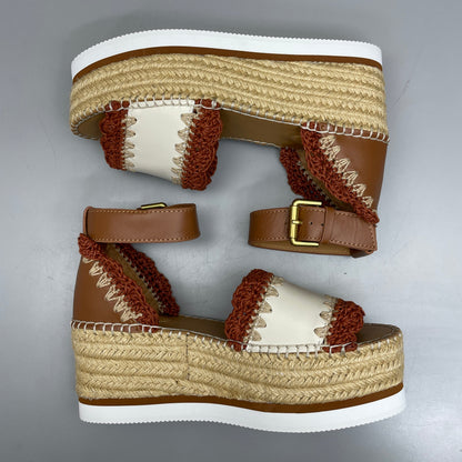SEE BY CHLOÉ Glyn Espadrille Crocheted Edge Ankle-Strap Sandals Tan/Red Women's Sz 9 EU 39 SB38151A (New)