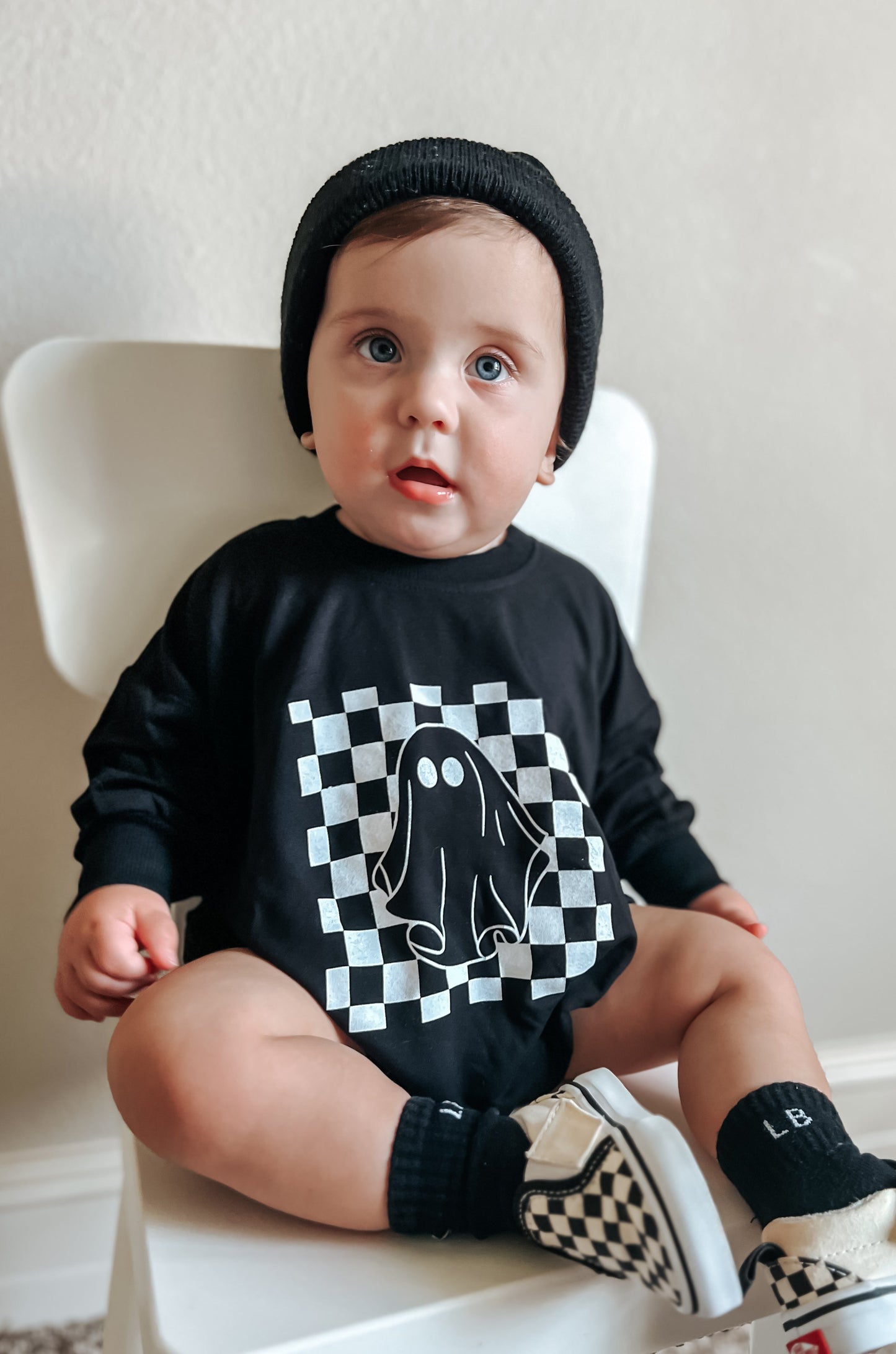 Checkered Ghost Bamboo Sweatshirt Romper