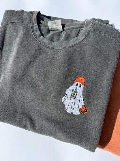 Adult Embroidered Iced Coffee Ghost Comfort Colors Crewneck Sweatshirt - more colors