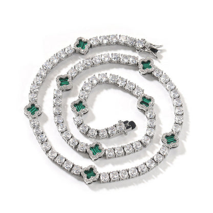 Hip-hop four-leaf clover diamond tennis chain necklace bracelet