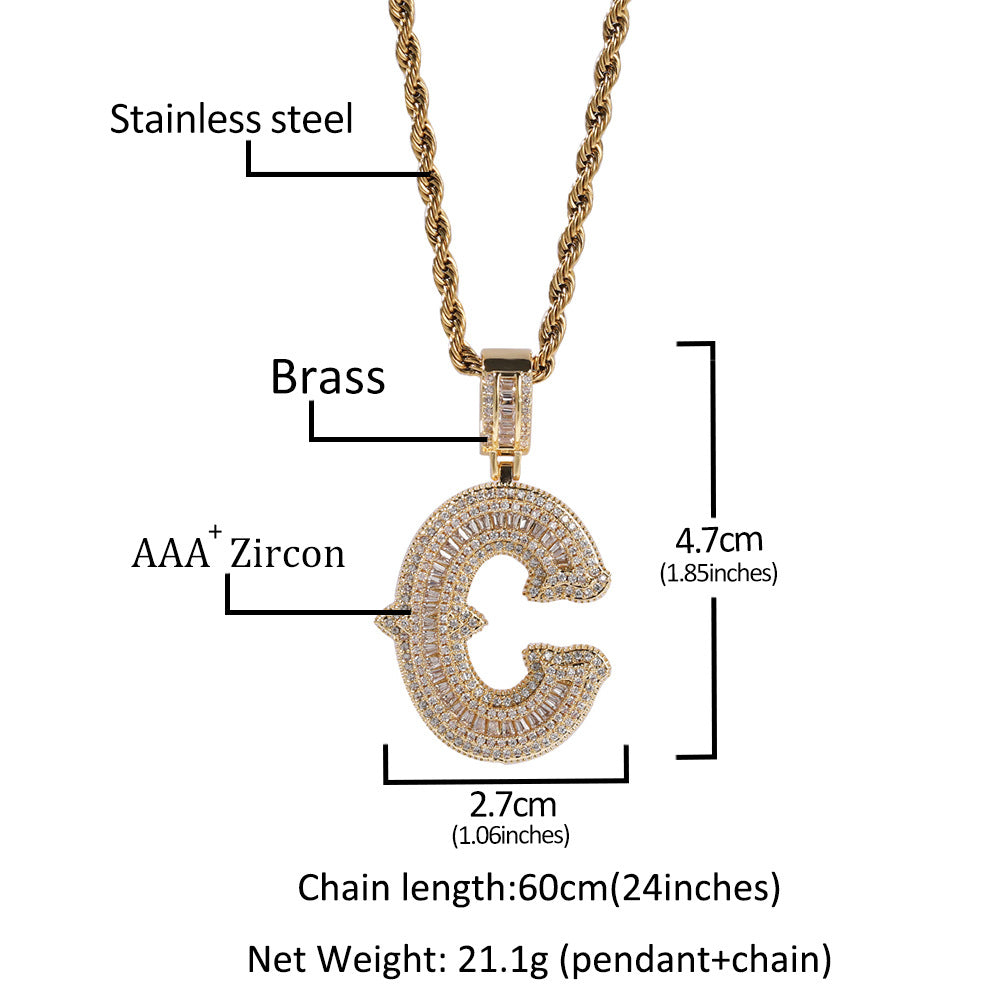 Hip-hop fully diamond-encrusted spiky rock sugar letter necklace