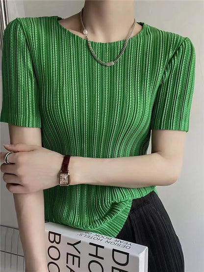 Woman Clothing  Top Women  Pleated Short-sleeved Female
