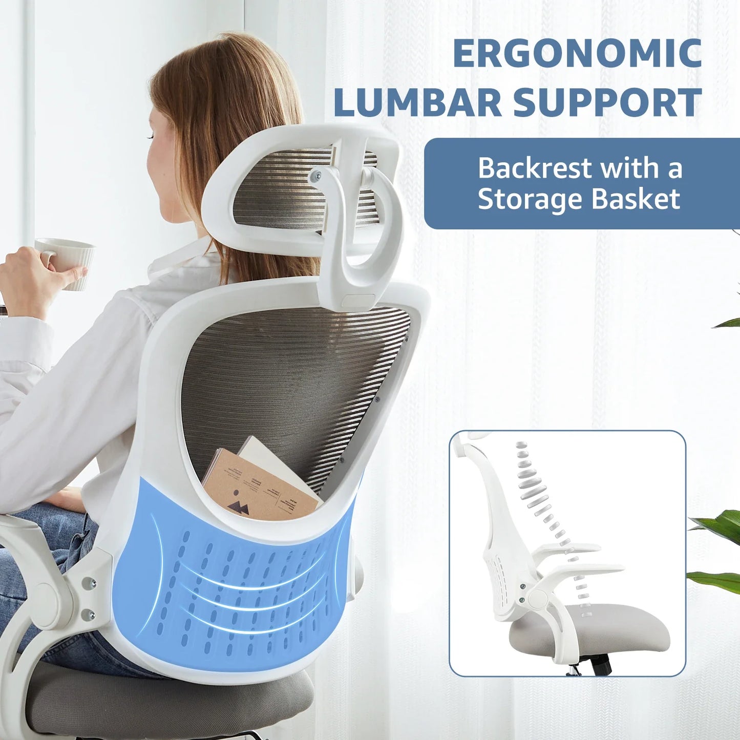 Mesh Ergonomic Office Chair Flip-Up Arms Adjustable Headrest Lumbar Support