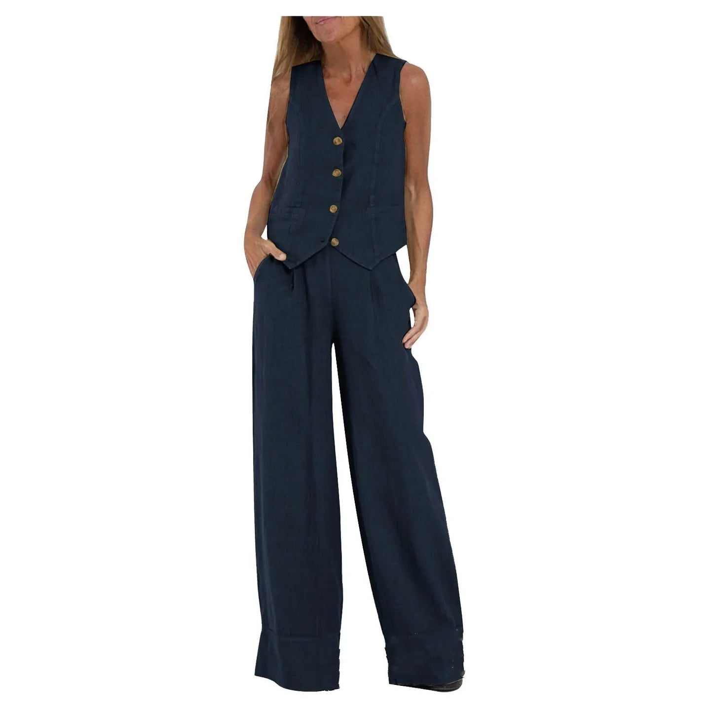 Women Sleeveless Vest – Casual Colorblock Collage Pants Suit