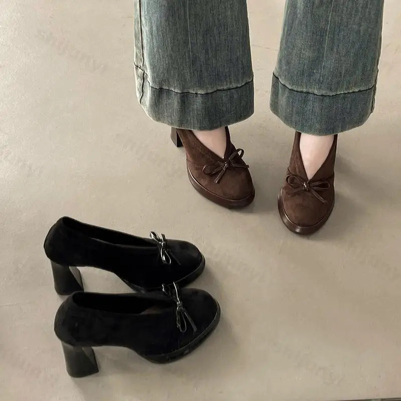 Women's High Heels 2025 Spring Autumn New Vintage Fashion Bow Knot Party Chunky Heels Outdoor Non Slip Luxury Mary Jane Shoes