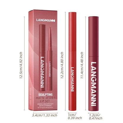 2Pcs/set Matte Soft Mist Slanted Mouth Lipstick + Lip Liner Set Combo Light Matte and Non-Drying Waterproof Non-Stick Lip Set