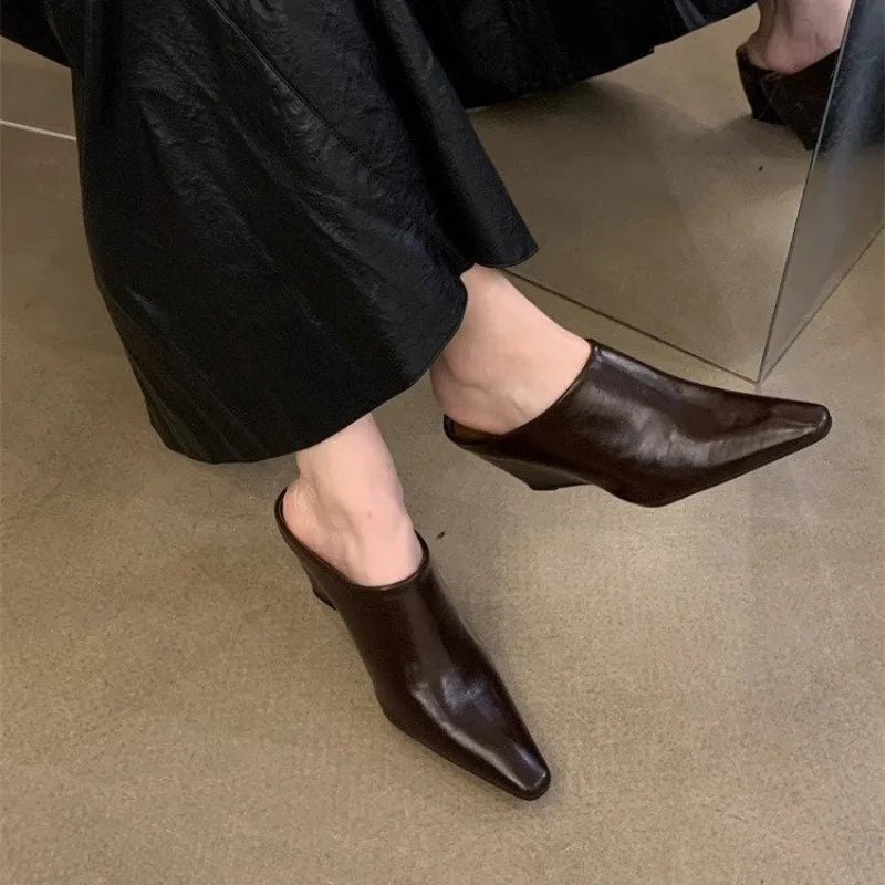 Women's Fashion Baotou Slippers Spring New Pointed Head Deep Mouth Anti-slip Wear-resistant Slip-on Wedge Sandals