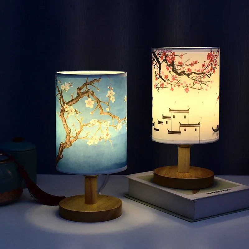 LED Square Table Lamp Dimmable Bedside Light Fabric Shade Chinese Style Decor