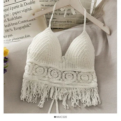 Women Crop Top – Retro Tassel Spaghetti Strap Hollow Halter Neck Top
