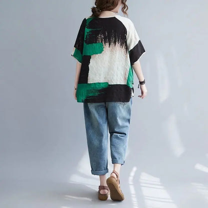 Women Summer T-shirt – Retro Loose Cotton Linen Short Sleeve Top