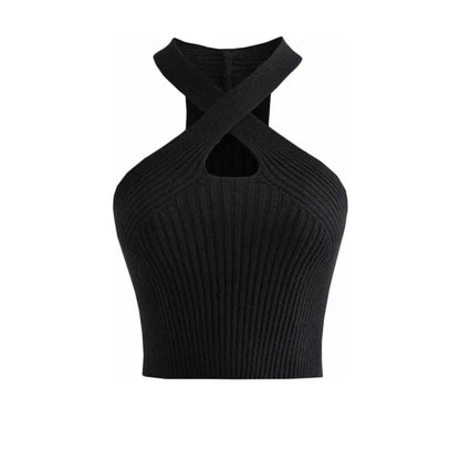 Women Crop Top – Halter Knitted Off Shoulder Strappy Tank Top