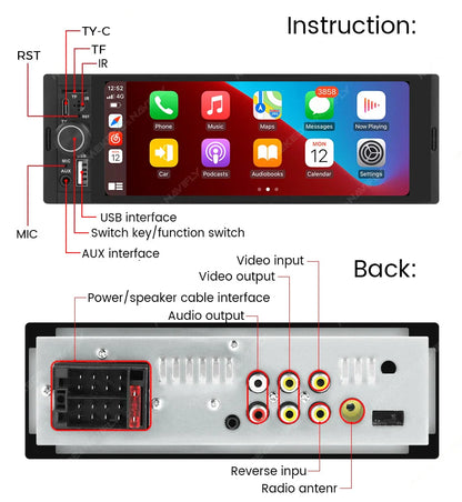 NaviFly 6.86" Touch Screen 1 Din Car Stereo Multimedia Player Wireless CarPlay Android Auto Universal 1DIN MP5 Player FM Radio