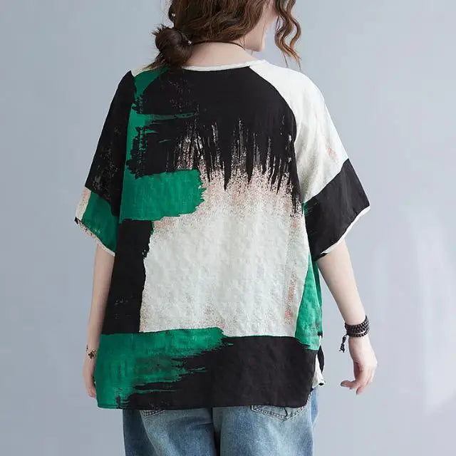 Women Summer T-shirt – Retro Loose Cotton Linen Short Sleeve Top