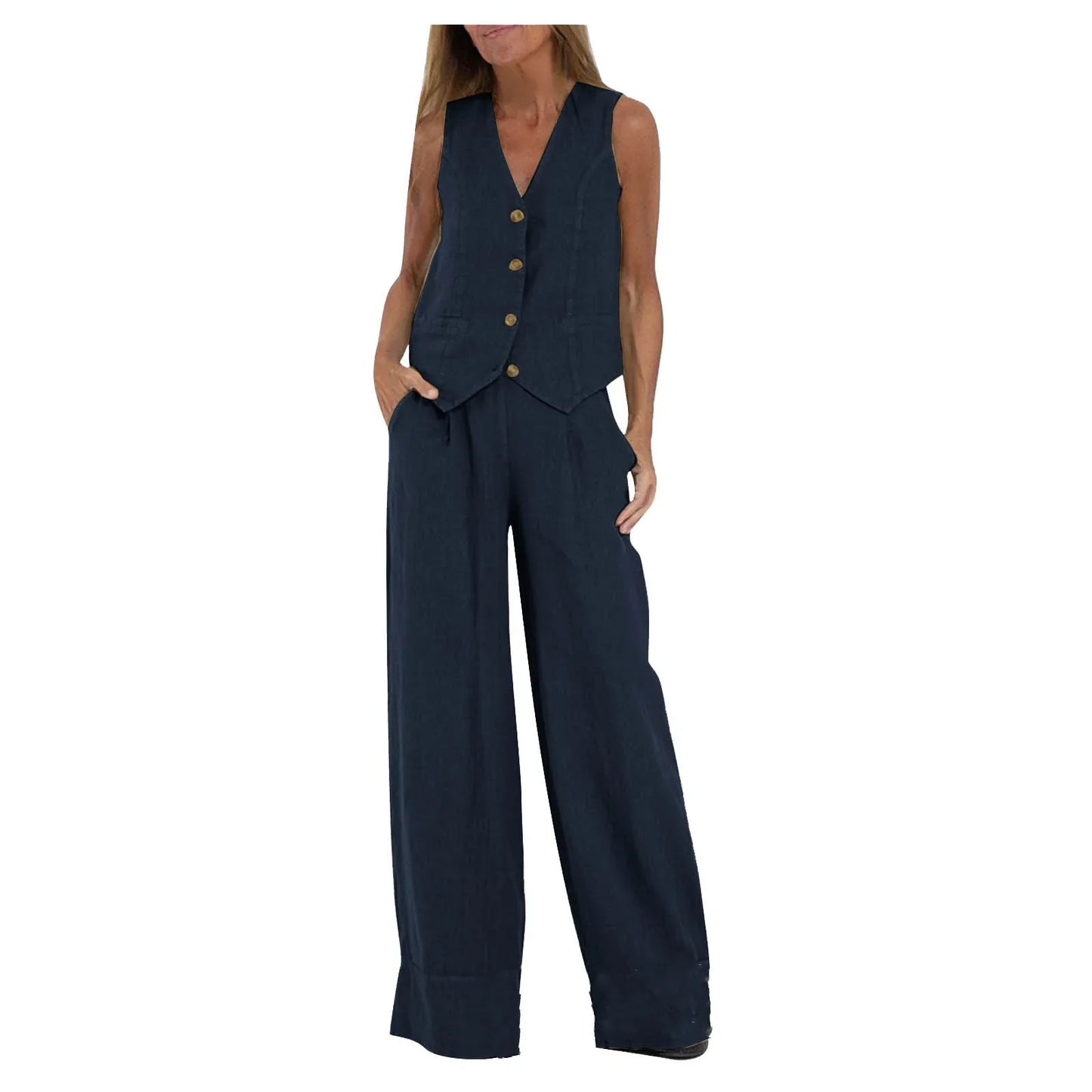 Women Sleeveless Vest – Colorblock Collage Pants Casual Suit