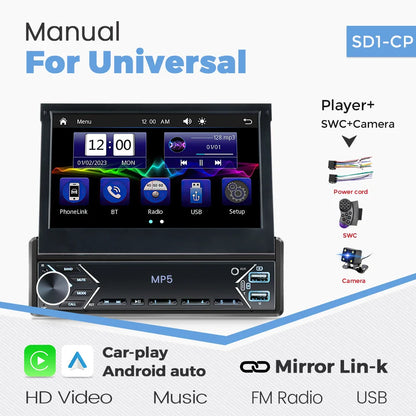 New Carplay Android Auto 1Din 7'' Retractable Universal Car Stereo Radio TouchScreen MP5 Player Intelligent Vehicle System BT FM