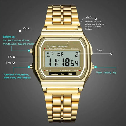 LED Digital Watch – Steel Strap Multifunction Sports Wristwatch