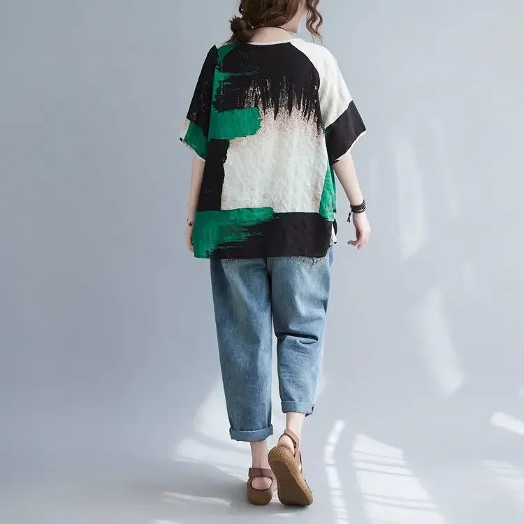 Women Summer T-shirt – Retro Loose Cotton Linen Short Sleeve Top