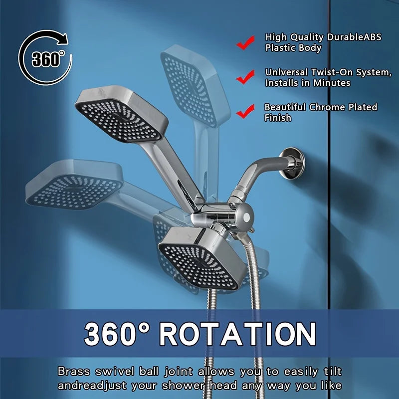 High-Flow 2-in-1 Handheld & Rain Shower Head Set Square Wall-Mounted Bathroom