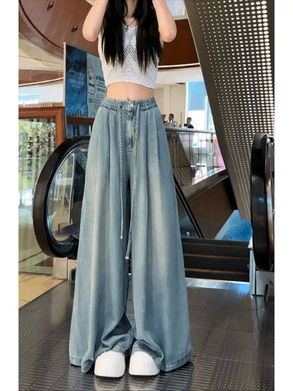 Women Wide Leg Jeans – Summer 2024 Drape Elastic Boyfriend Trousers