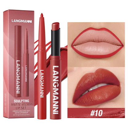 2Pcs/set Matte Soft Mist Slanted Mouth Lipstick + Lip Liner Set Combo Light Matte and Non-Drying Waterproof Non-Stick Lip Set