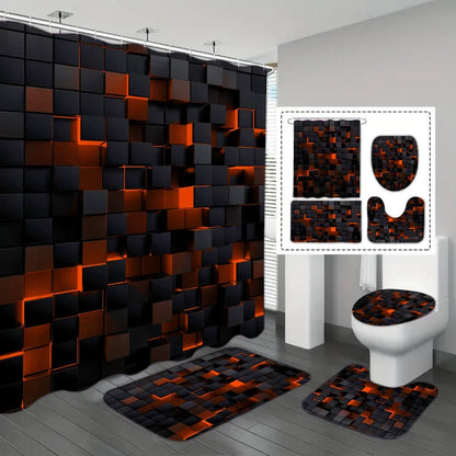 4-Piece Waterproof Shower Curtain Set with Hooks & Bathroom Floor Mats Blue Black