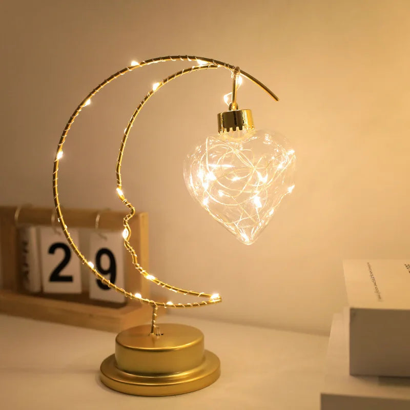 Moon Star LED Night Light Heart Iron Decor Indoor Lamp Gift Bedroom Ornament