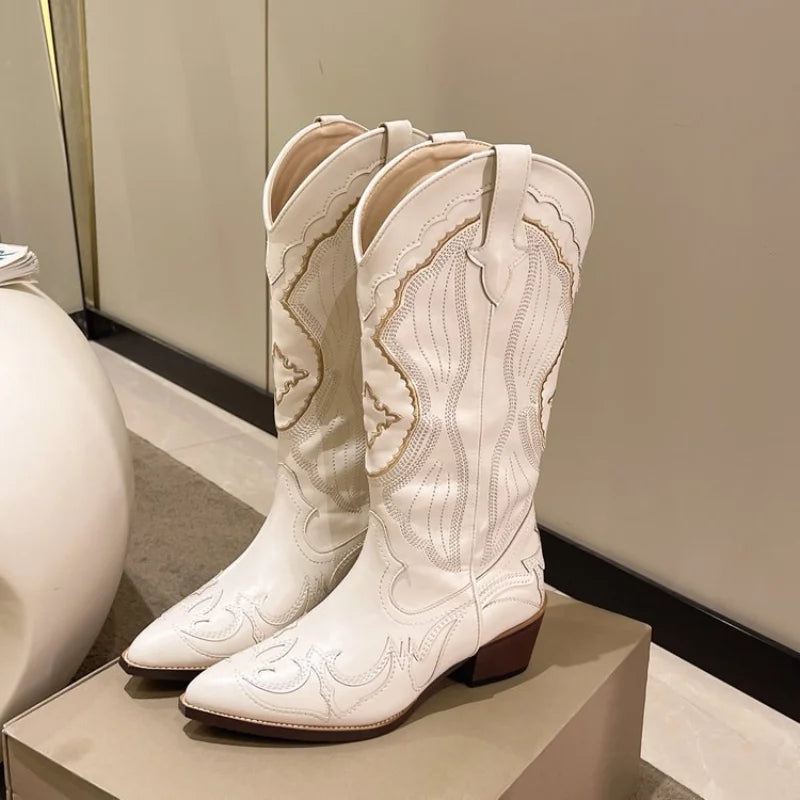 Autumn Embroidered Western Cowboy Boots new Square Heels Pointed shoes Casual fashion long boots Comfortable waterproof shoes