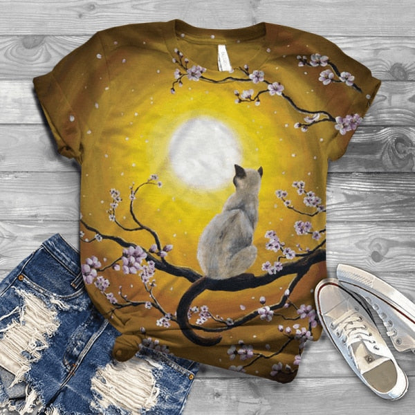 Women Summer Short Sleeve Digital 3D Cat Printed O-Neck Tops T Shirt Femme T-Shirts
