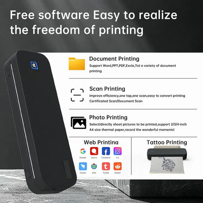 Portable A4 Thermal Printer Document Tattoo Printer Bluetooth Wireless Mini Printer Notes lmage Photo Printing Machine A4 Paper