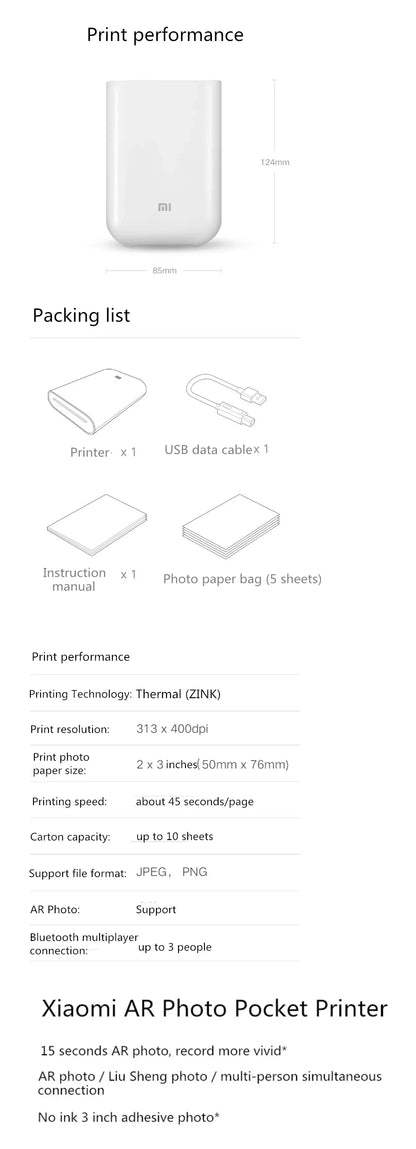 Xiaomi AR Printer 300dpi Portable Photo Mini Pocket With DIY Share 500mAh Picture Printer Pocket Printer Work With Mihome APP
