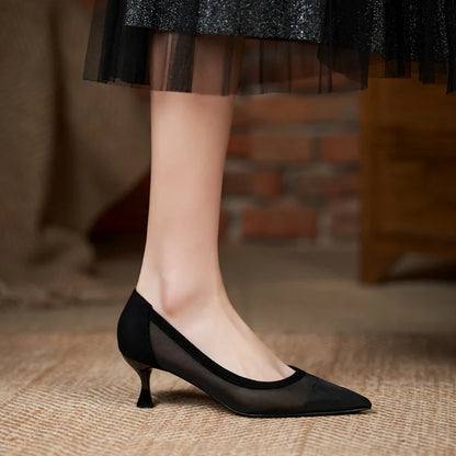maogu Black Women Pointed Toe High Heel Work Shoes Dot Mesh Vintage Elegant Shallow Stiletto 2023 Spring Summer Thin Heels Pumps