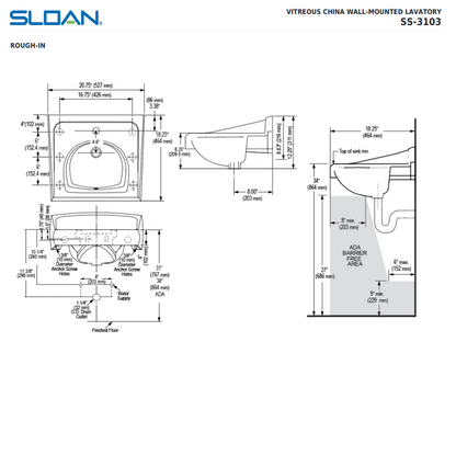 SLOAN Vitreous China Wall-Mounted Backsplash Lavatory Sink White SS3103
