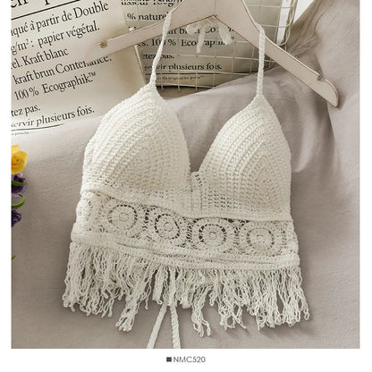 Women Crop Top – Retro Tassel Spaghetti Strap Hollow Halter Neck Top
