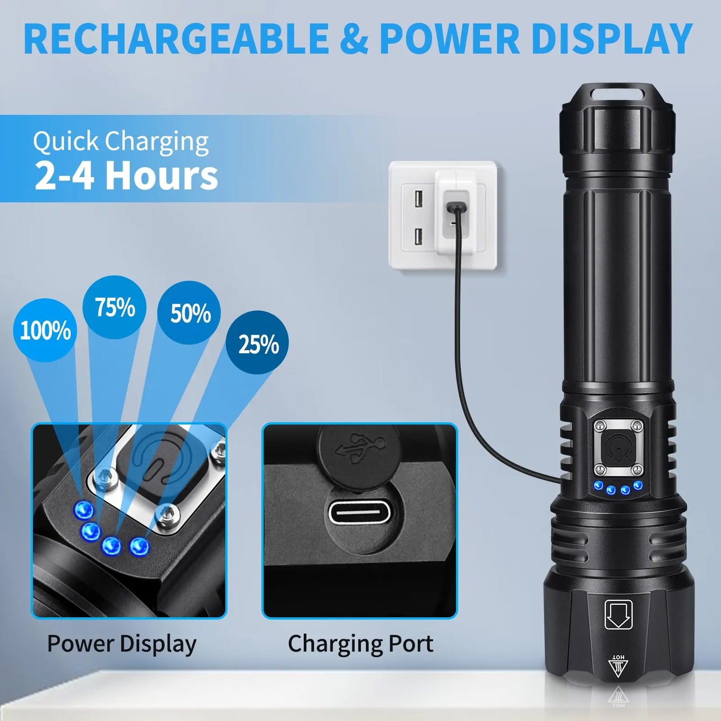 Rechargeable High Lumen LED Flashlight Waterproof 5 Modes Bright Torch